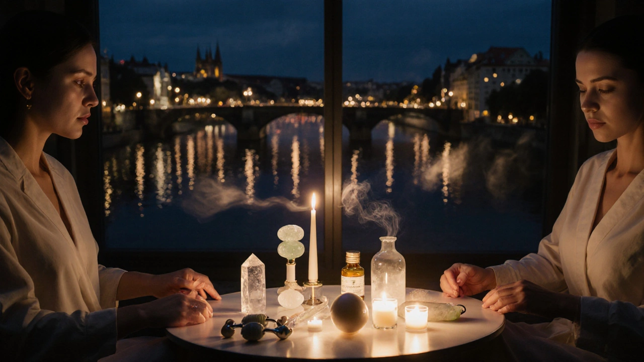 Couple dans un spa de Prague, table ronde avec divers outils de massage éclairés doucement.