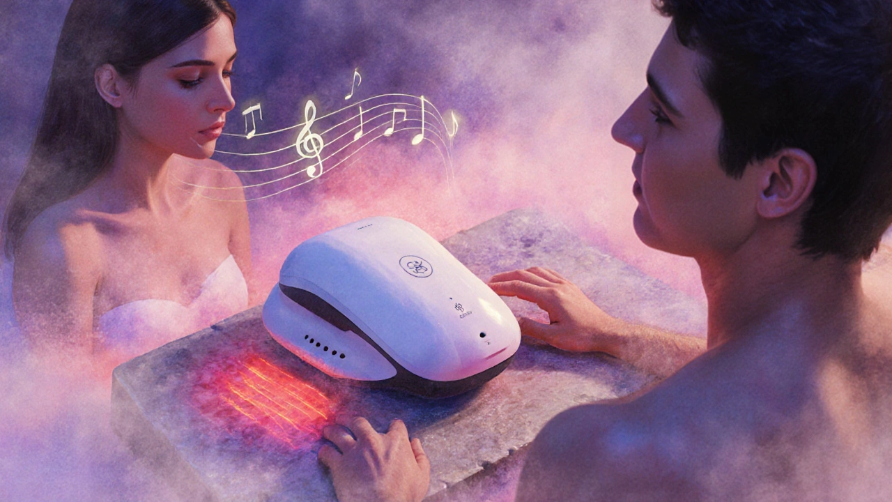Couple intime utilisant le dispositif sous la douche, vapeur et musique synchronisée.