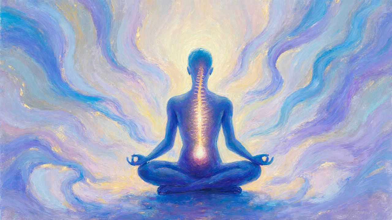 Figure méditative entourée de rubans lumineux représentant le rythme craniosacral équilibré.