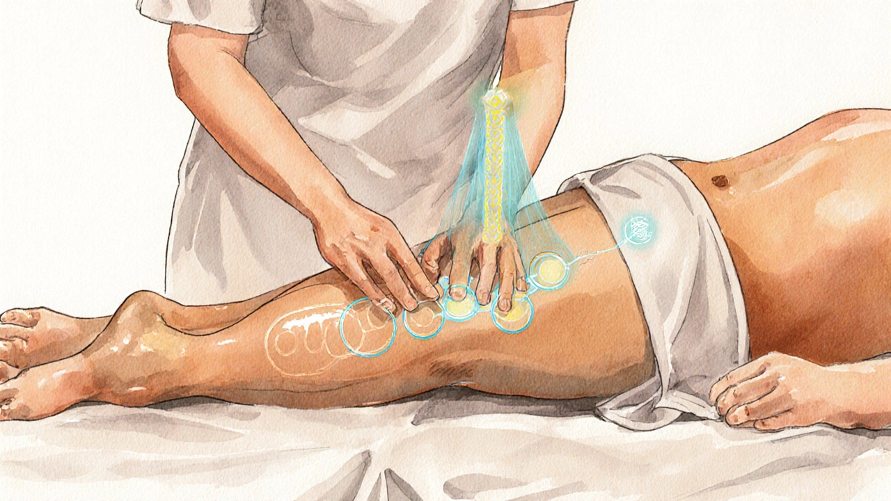 Illustration à l’aquarelle des mains effectuant des mouvements circulaires sur les pieds, avec éclats lumineux le long de la colonne vertébrale.
