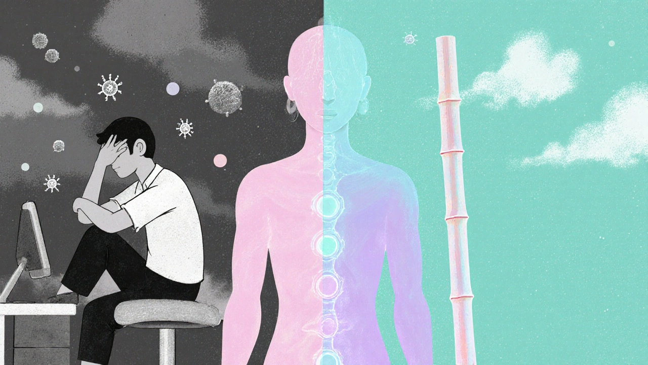 Illustration montrant le passage du stress à la détente grâce au massage thaï, avec des chakras lumineux.