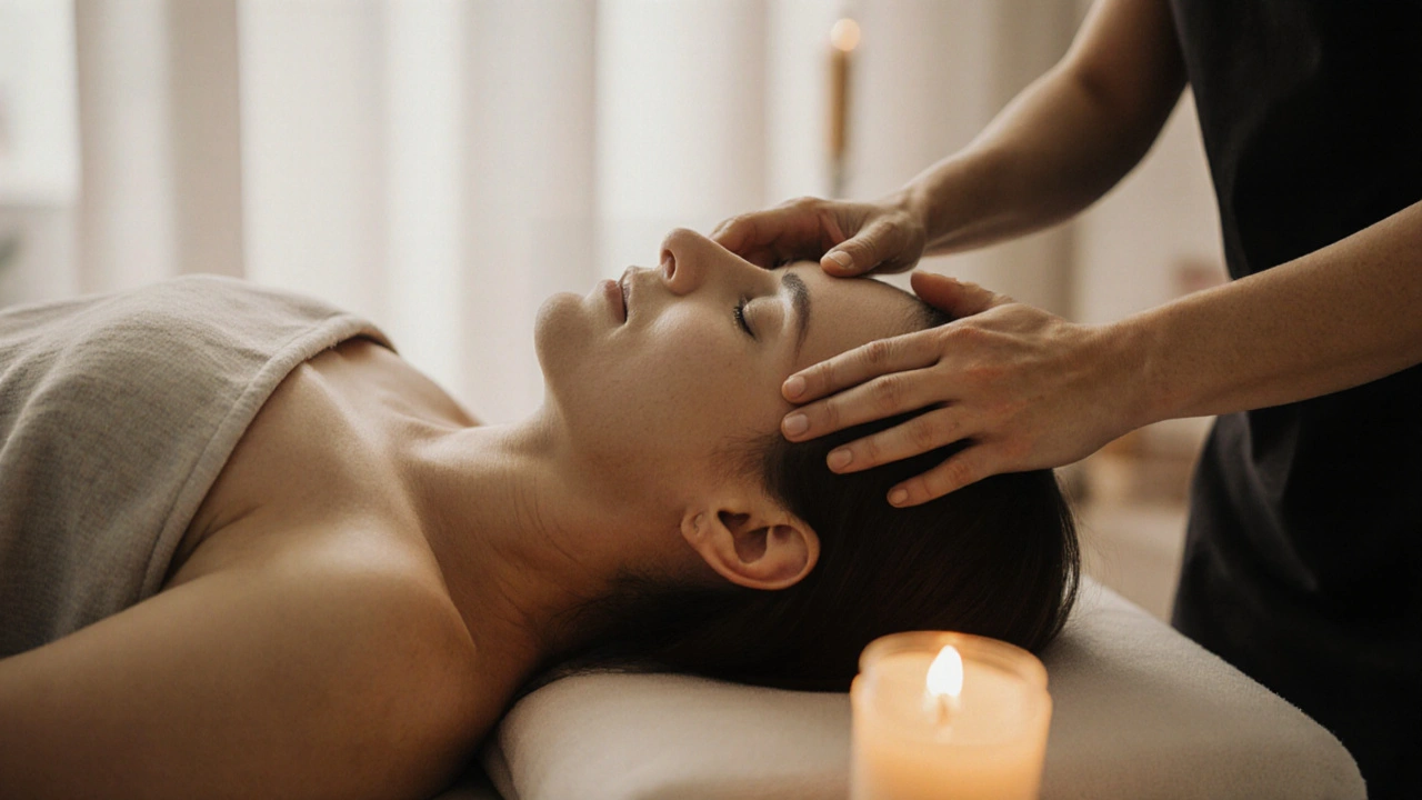 Mains d'un thérapeute posées légèrement sur la tête d'un patient allongé, ambiance calme et chaleureuse.