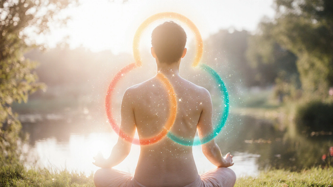 Personne détendue entourée d’auras colorées symbolisant l’équilibre des doshas et le bien‑être.