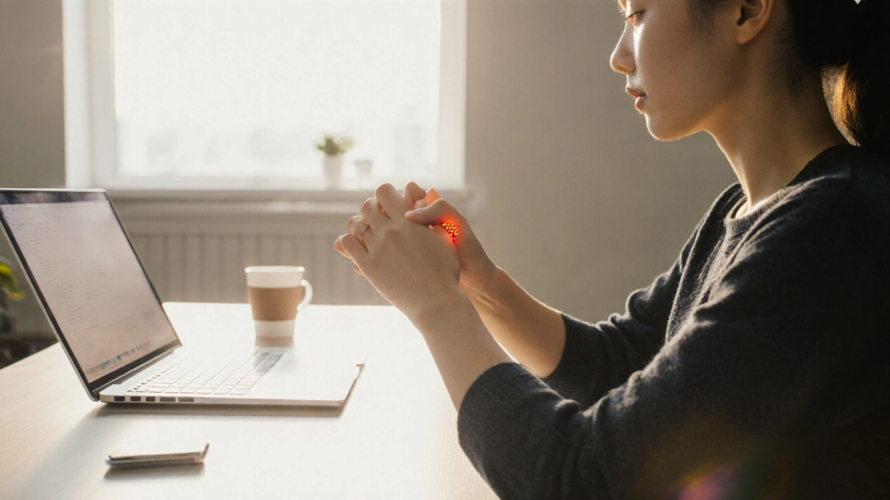 Personne en bureau appliquant une pression sur le point Nei Guan au poignet pour réduire le stress.