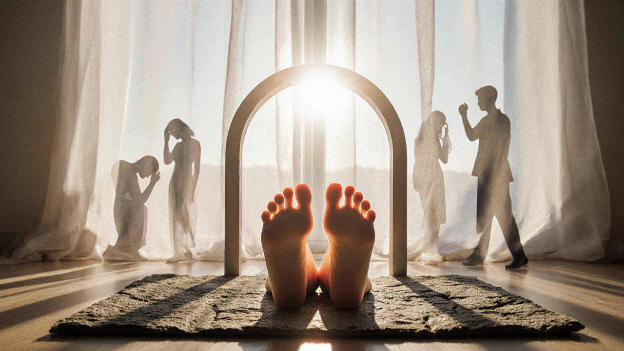 Pieds posés sur un tapis de pierres, avec un point lumineux sur l&#039;arche, symbole de soulagement du stress.