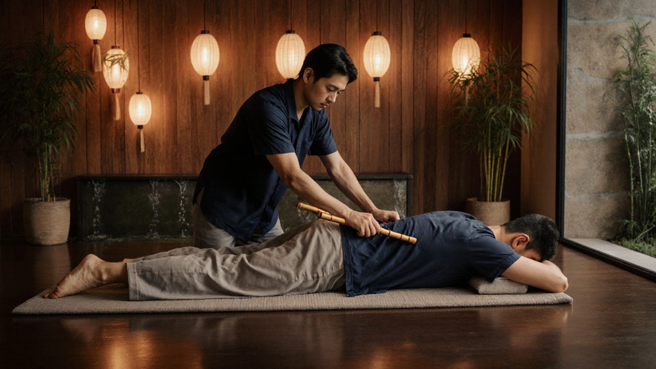 Praticien utilisant des bâtons de bambou sur un client habillé, dans un studio de massage thaï moderne.