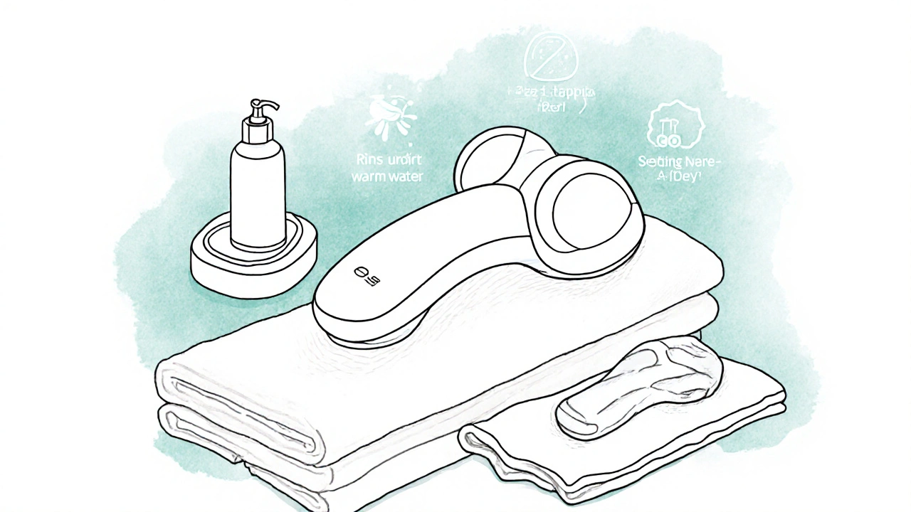 Scène de nettoyage et recharge du dispositif, avec flacon de savon et chargeur.