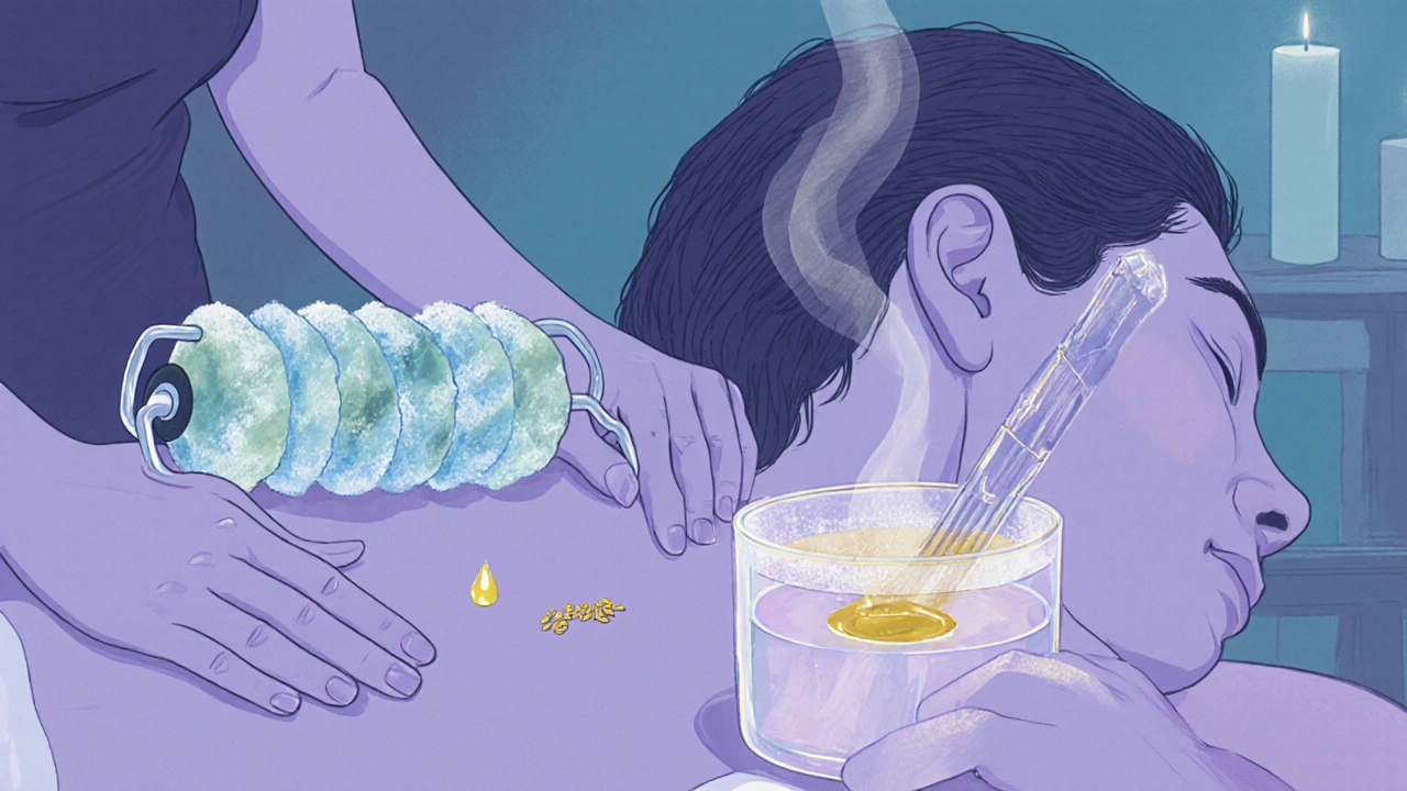 Scène intime d'un massage avec rouleau de jade frais et bâton de cristal chauffé, huile d'argan visible.