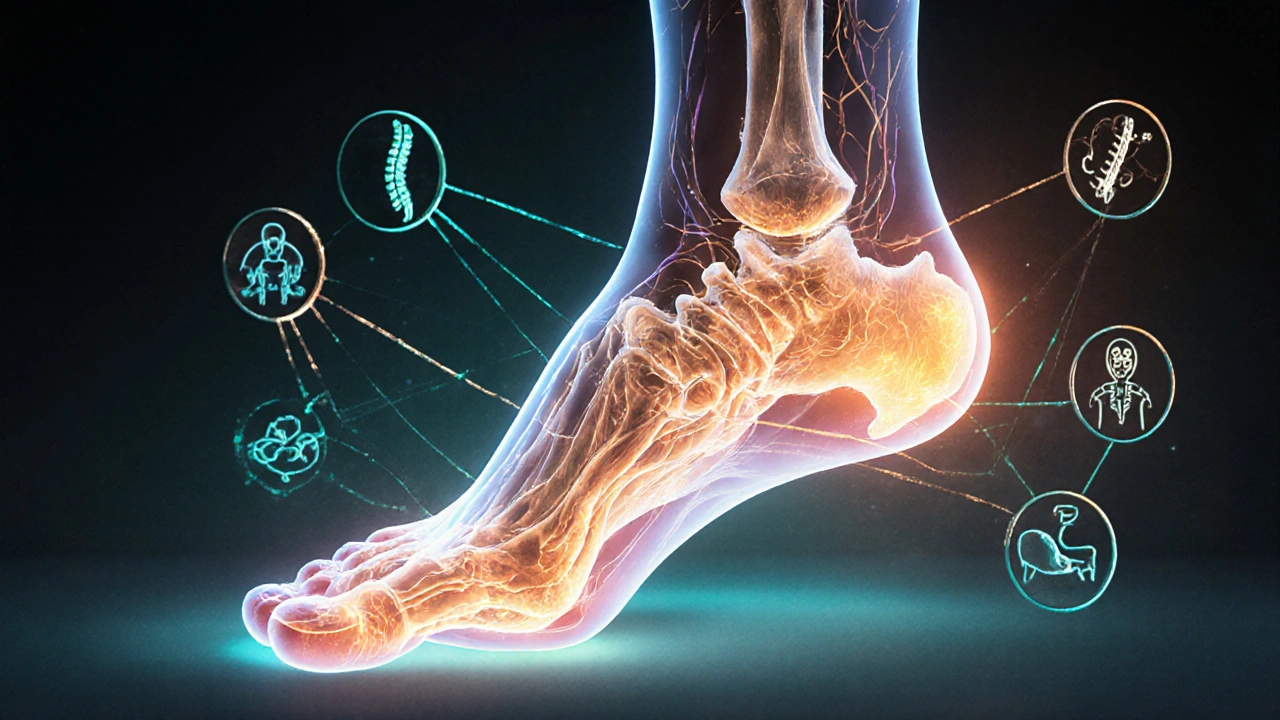 Carte schématique du pied avec des points de pression lumineux reliés aux articulations du genou, de la colonne et de l&#039;épaule.