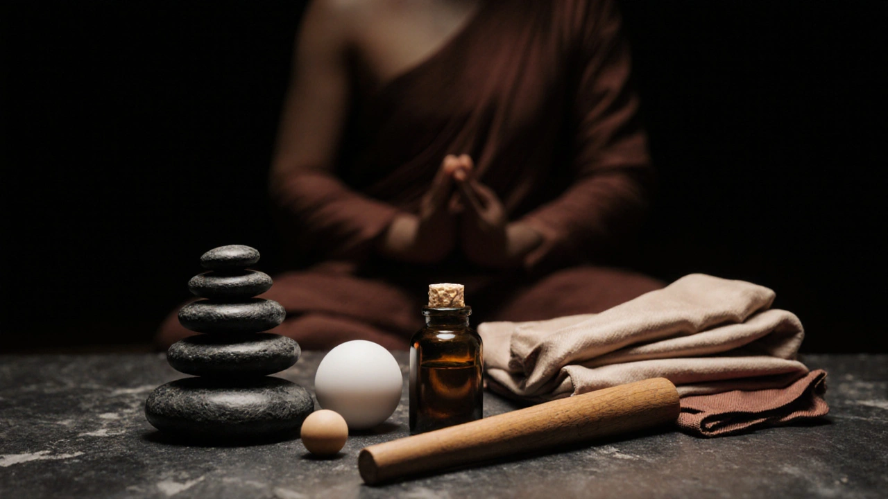 Cinq outils de massage tantrique disposés sur une pierre : pierres, baguette, balles, huile, écharpe de soie.