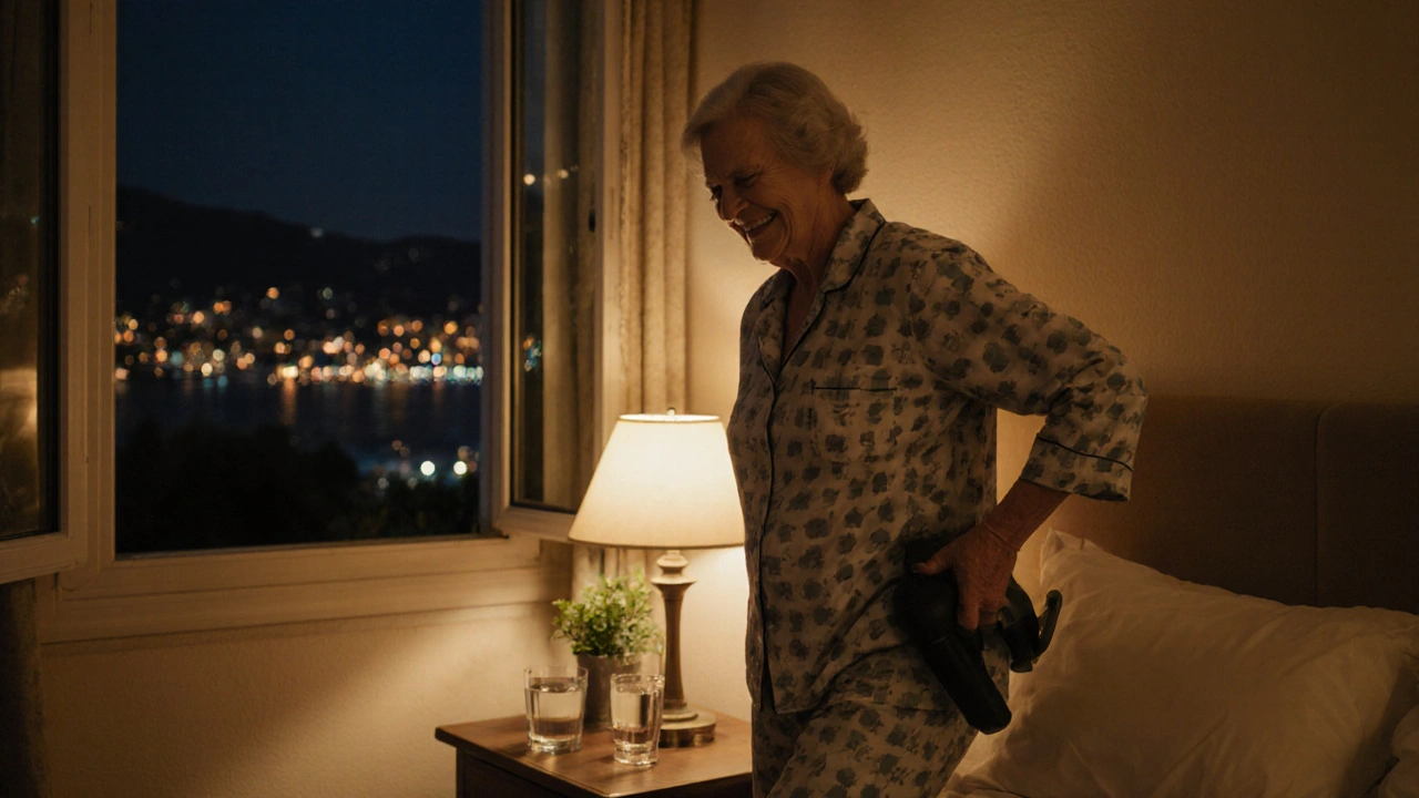 Femme âgée de 68 ans utilisant un masseur percussion sur la hanche avant de se coucher, dans une chambre paisible.