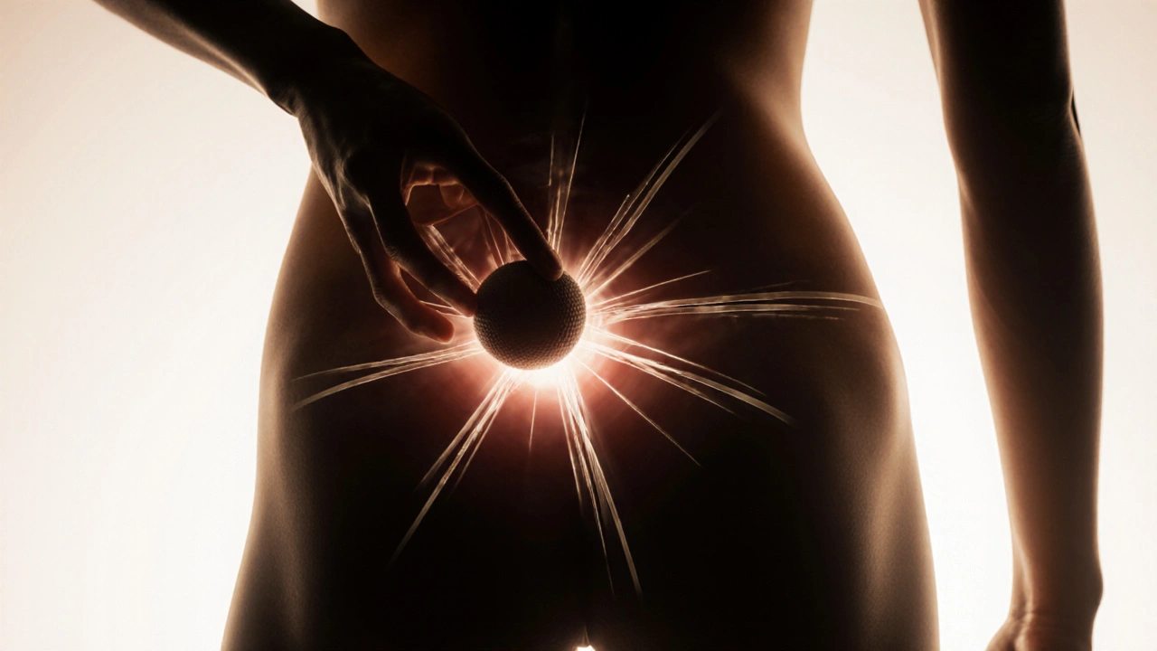 Main appliquant une balle de massage sur le bas du dos, avec des lignes de douleur irradiant vers la hanche.