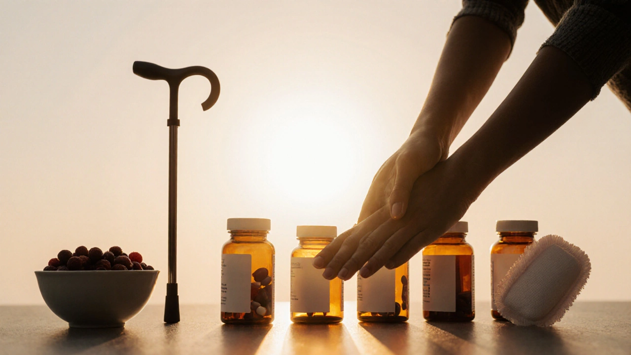 Main massant un pied avec des pilules qui disparaissent au loin, symbole de réduction de la dépendance aux médicaments.