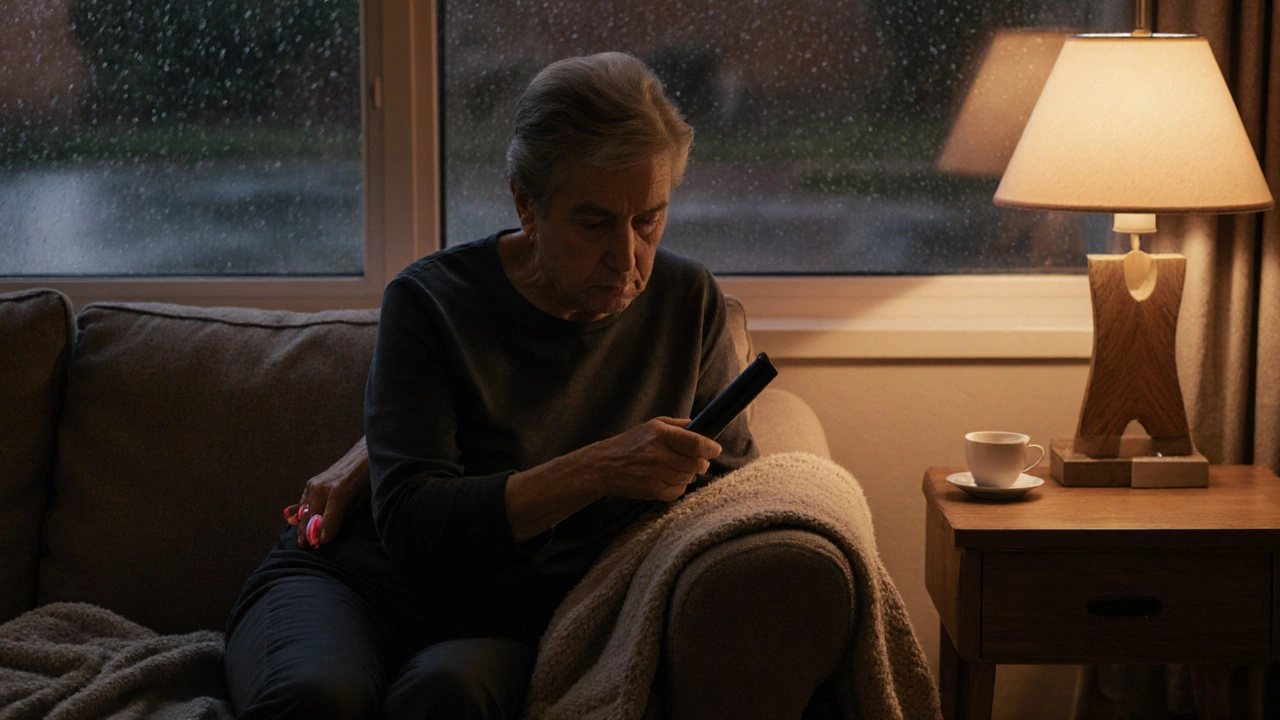 Personne âgée utilisant doucement un masseur de percussion au bas du dos dans un cadre domestique apaisant.