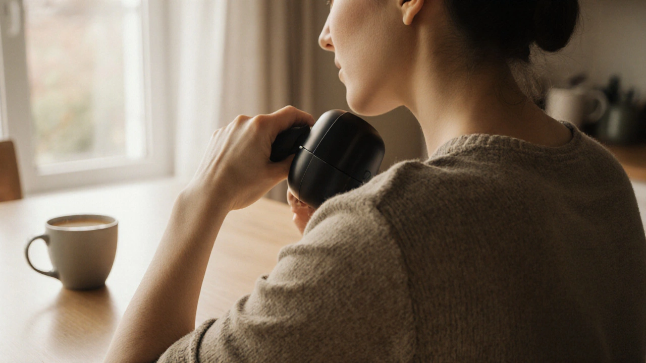 Personne utilisant un appareil de massage percussif doucement sur les épaules le matin à la maison.