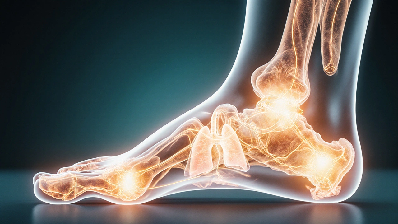 Pied anatomique avec des lignes lumineuses reliant les points de réflexologie aux organes internes.