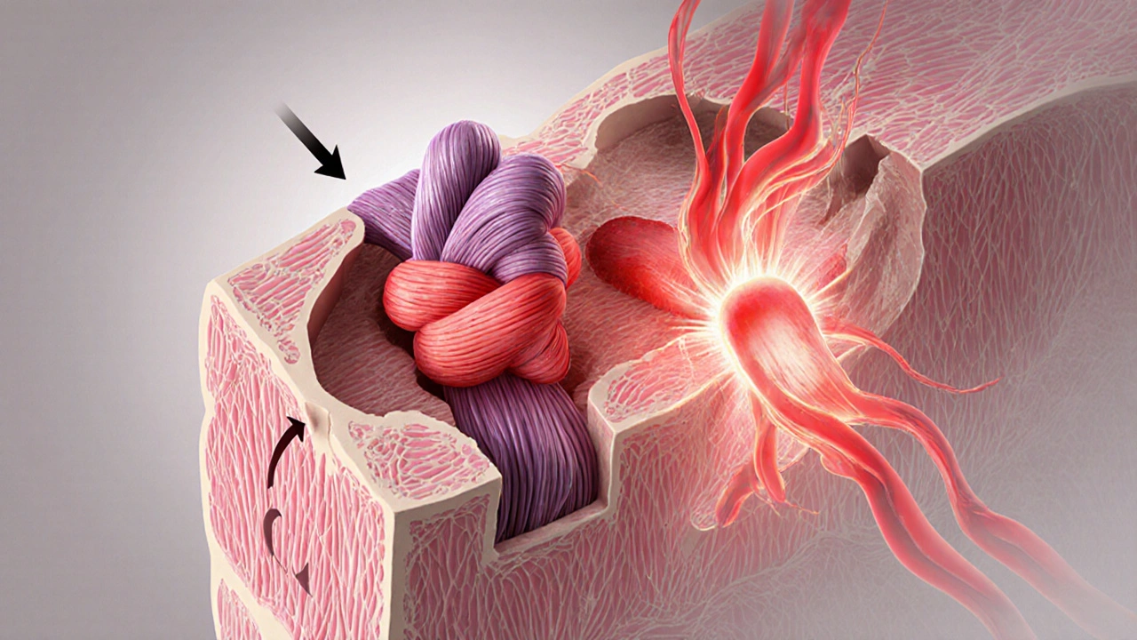Schéma anatomique simplifié d&#039;un point de déclenchement musculaire avec flux sanguin rétabli après pression.