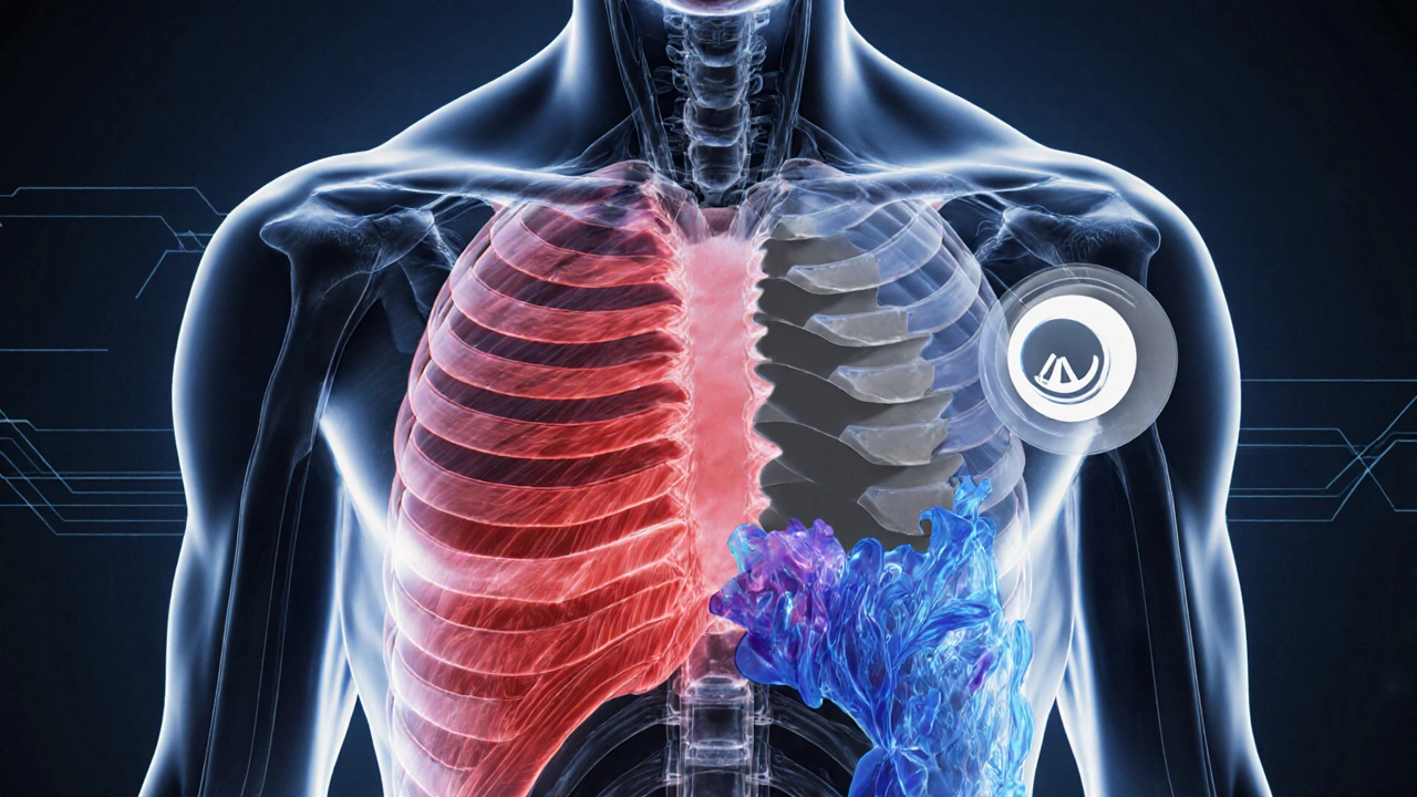 Schéma anatomique stylisé montrant les ondes de percussion pénétrant profondément dans les muscles avec circulation sanguine améliorée.