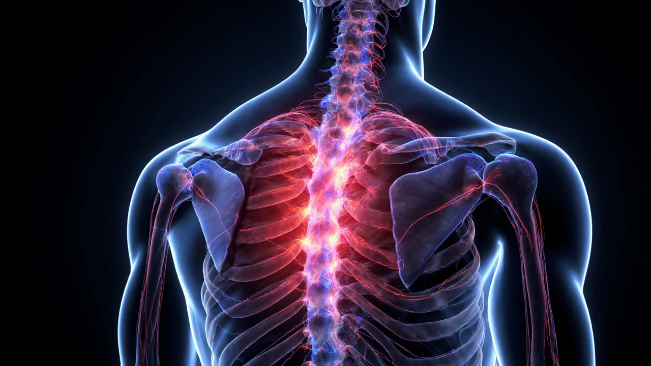 Schéma artistique des ondes de percussion pénétrant les muscles et stimulant la circulation.