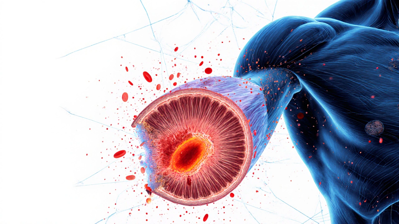 Schéma artistique des ondes de percussion pénétrant profondément dans les muscles et stimulant la circulation sanguine.
