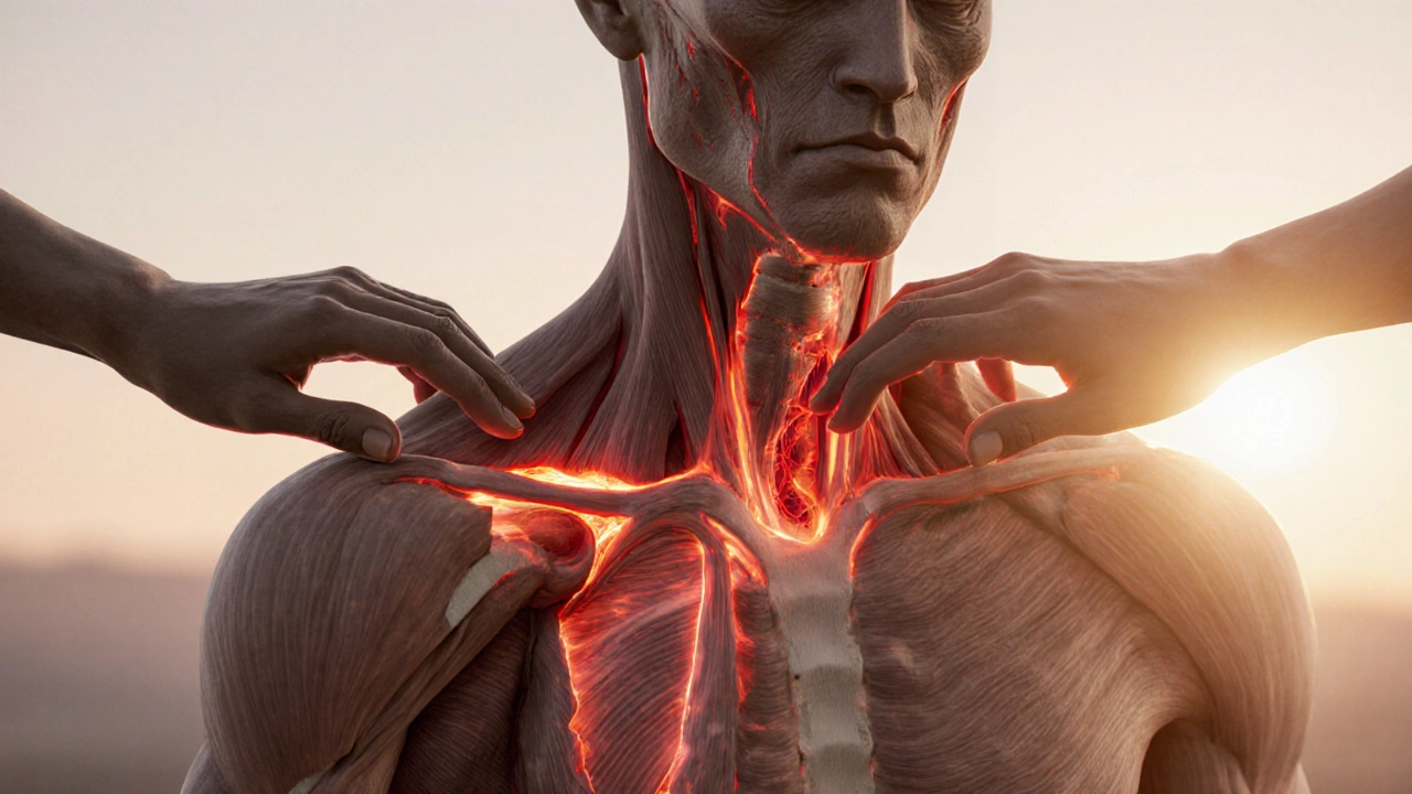 Schéma artistique du corps humain montrant les couches profondes des muscles et des fascias en cours de libération.