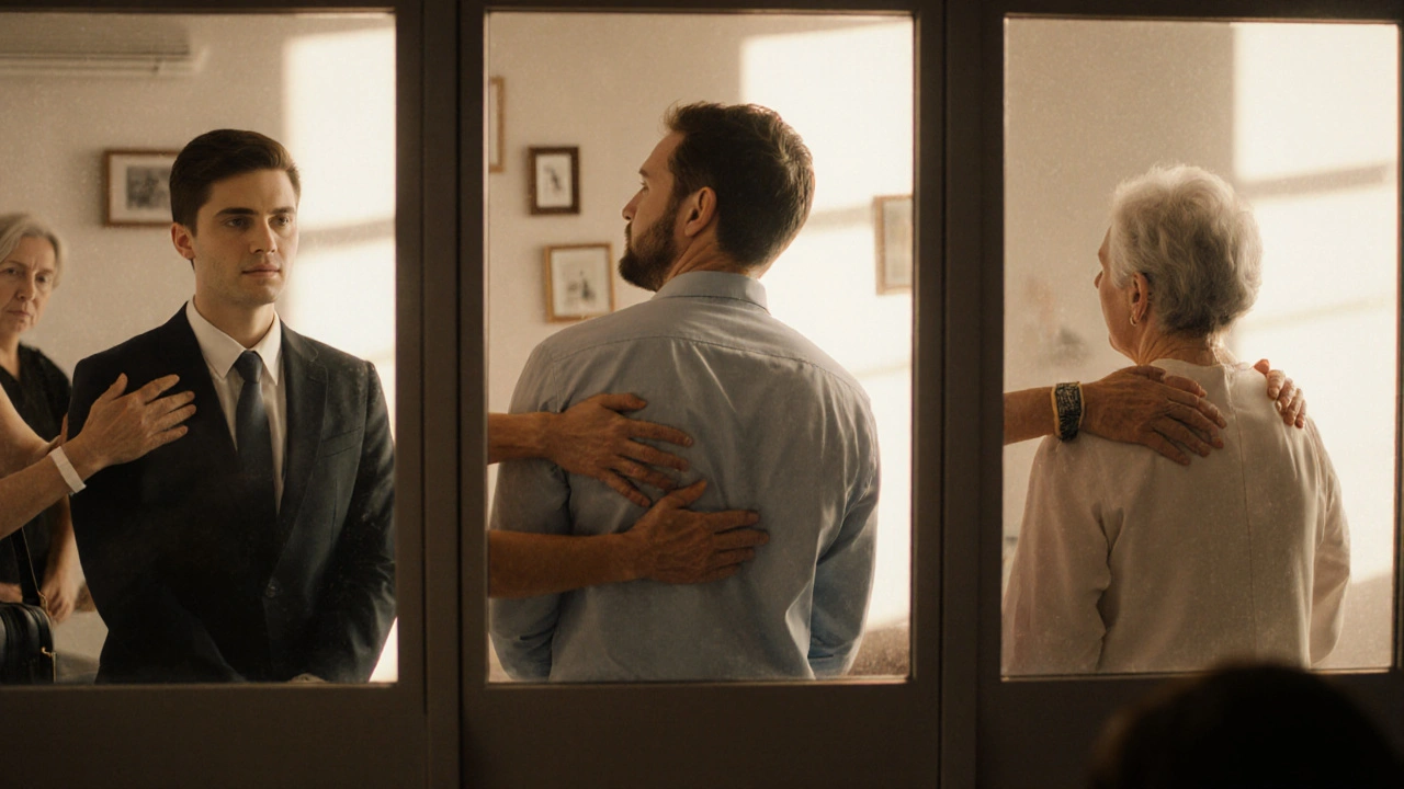 Trois personnes en massage, chacune dans leur espace privé, baignées dans une lumière douce qui symbolise la paix intérieure.