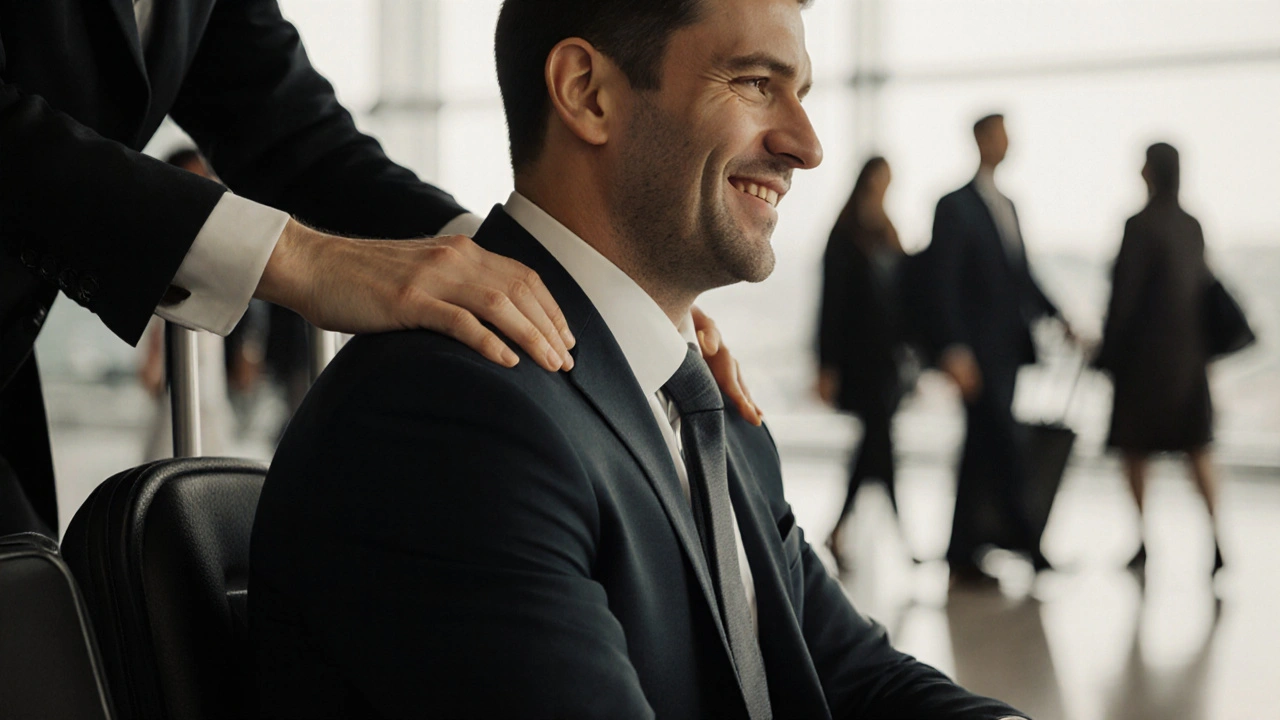 Un voyageur recevant un massage rapide dans un aéroport, les mains du masseur travaillant sur son cou et ses épaules.