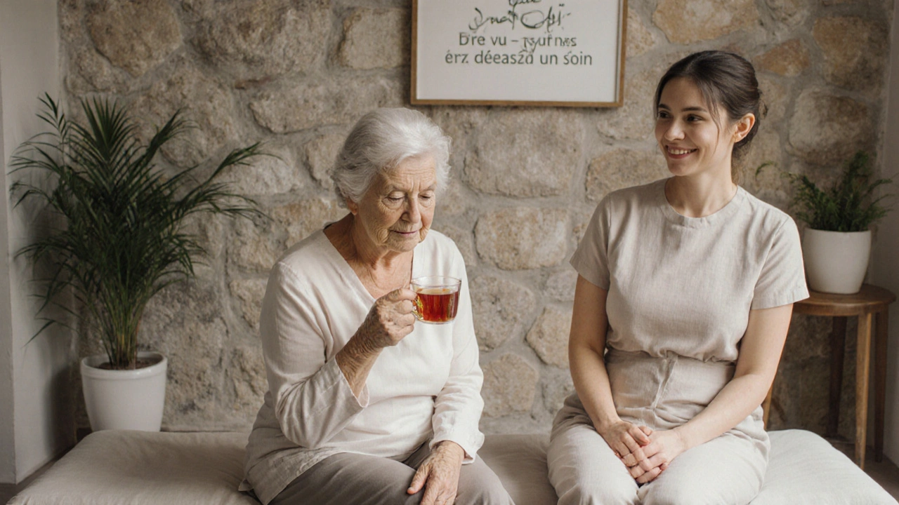 Une femme âgée boit du thé après une session, les yeux humides, tandis qu&#039;une masseuse lui sourit avec bienveillance.