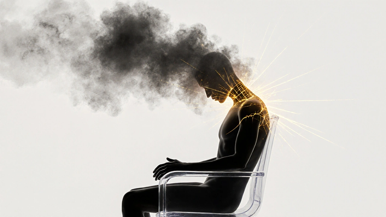 Une silhouette humaine dans un fauteuil, des rayons dorés libérant la tension des épaules et du cou.