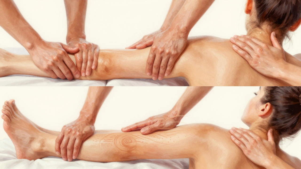 Détail des cinq techniques du massage suédois : effleurage, pétrissage, friction, tapotement et vibration, représentées avec des lignes de mouvement douces.