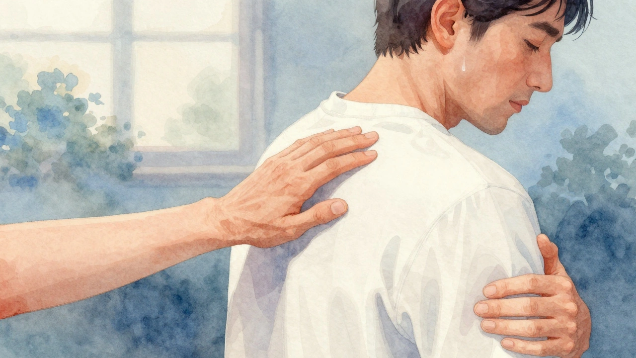 Deux mains touchant doucement l&#039;épaule et la hanche d&#039;un homme à travers un drap, symbole de connexion respectueuse.