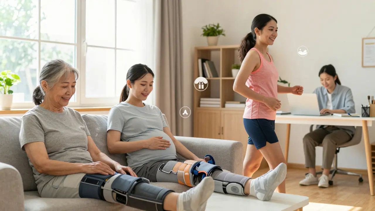 Diverses personnes utilisant des appareils de compression à la maison dans un cadre quotidien chaleureux.