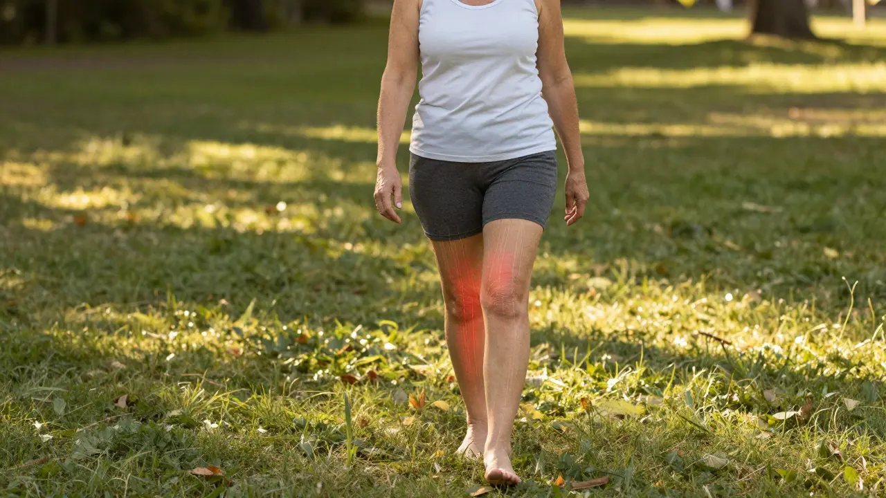 Femme âgée marchant en pleine nature, postérieurement détendue après une séance de libération myofasciale.