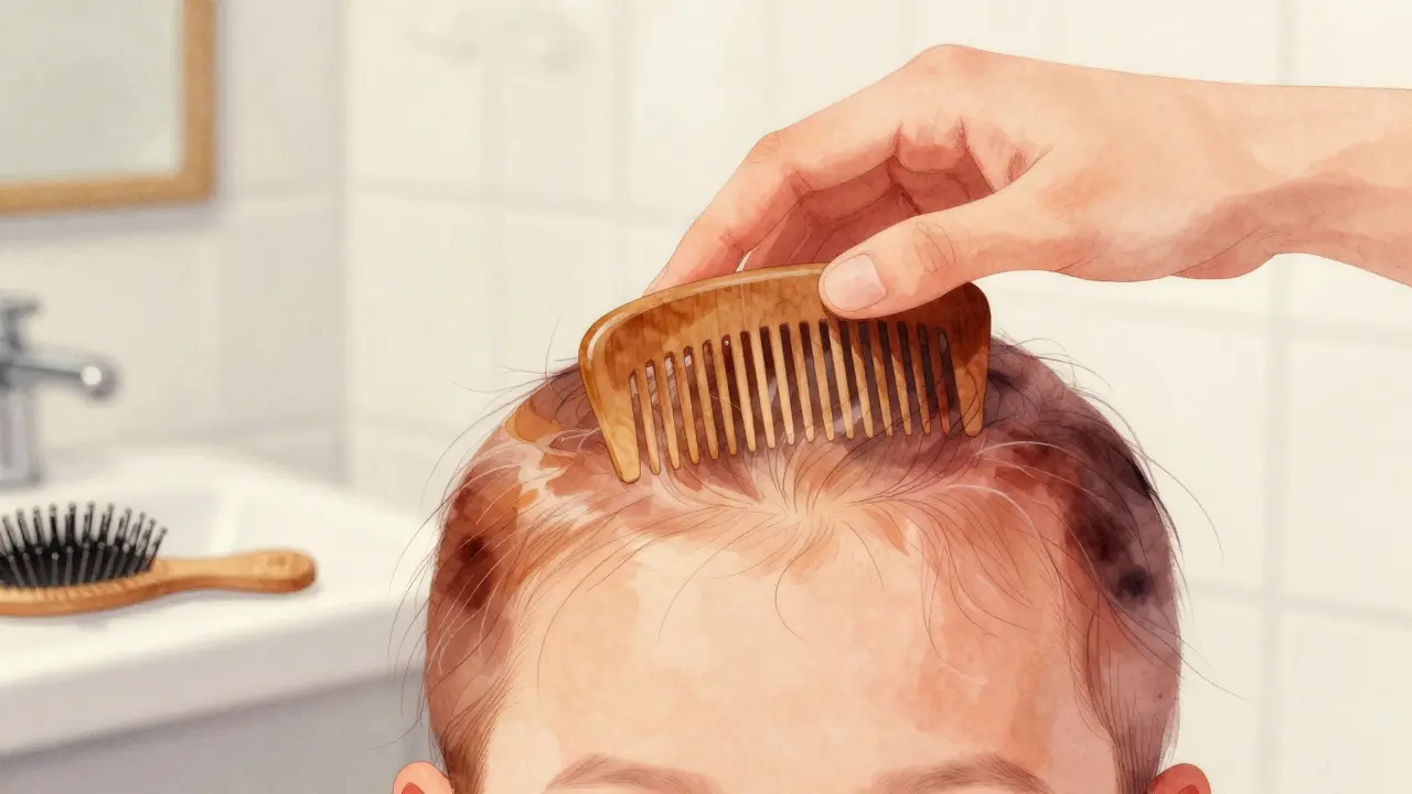 Main glissant délicatement sur le cuir chevelu, symbolisant la circulation sanguine.