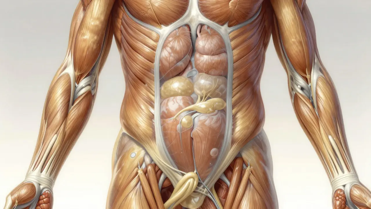 Schéma artistique des membranes fasciales du corps humain, montrant des nœuds de tension et des zones libérées en lumière dorée.