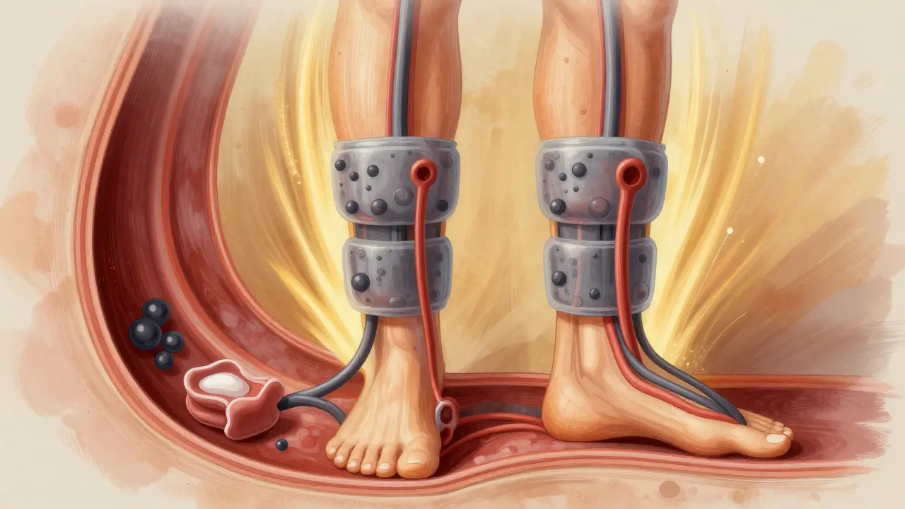 Schéma artistique montrant le flux sanguin et l'élimination des déchets métaboliques par compression.