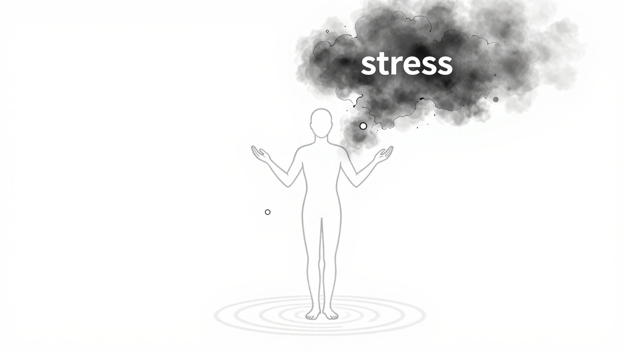 Schéma minimaliste d&#039;un corps humain avec des cercles de lumière aux points clés, tandis qu&#039;un nuage sombre de stress disparaît en buée.