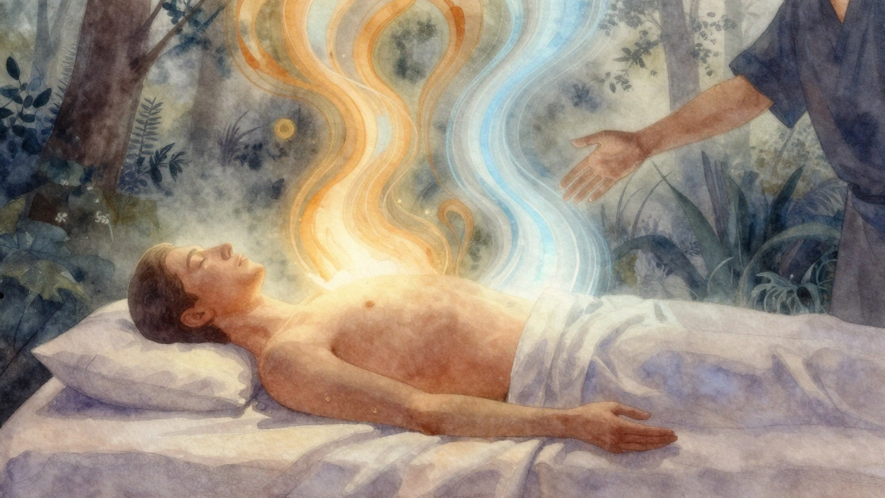 Silhouette humaine baignée dans des courants d&#039;énergie chaude et bleue, symbolisant la détente profonde et la libération du stress.