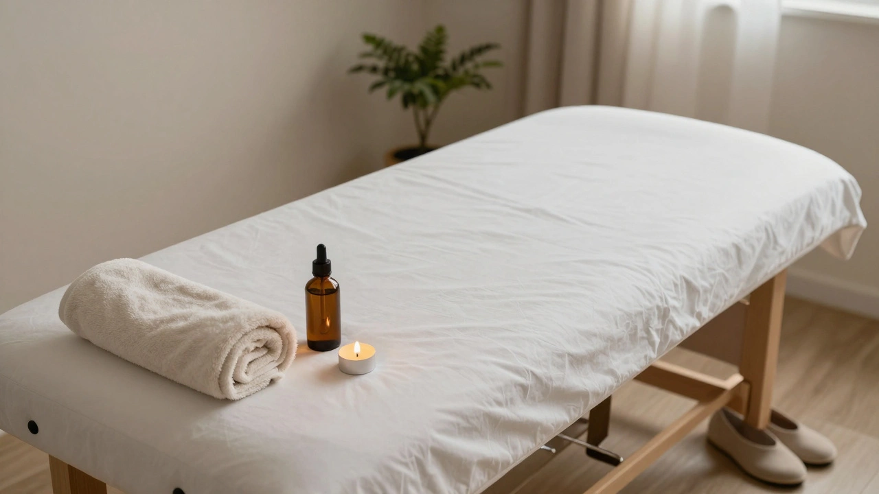 Table de massage vide avec une huile, une bougie et une serviette pliée, évoquant un espace de soin silencieux et bienveillant.