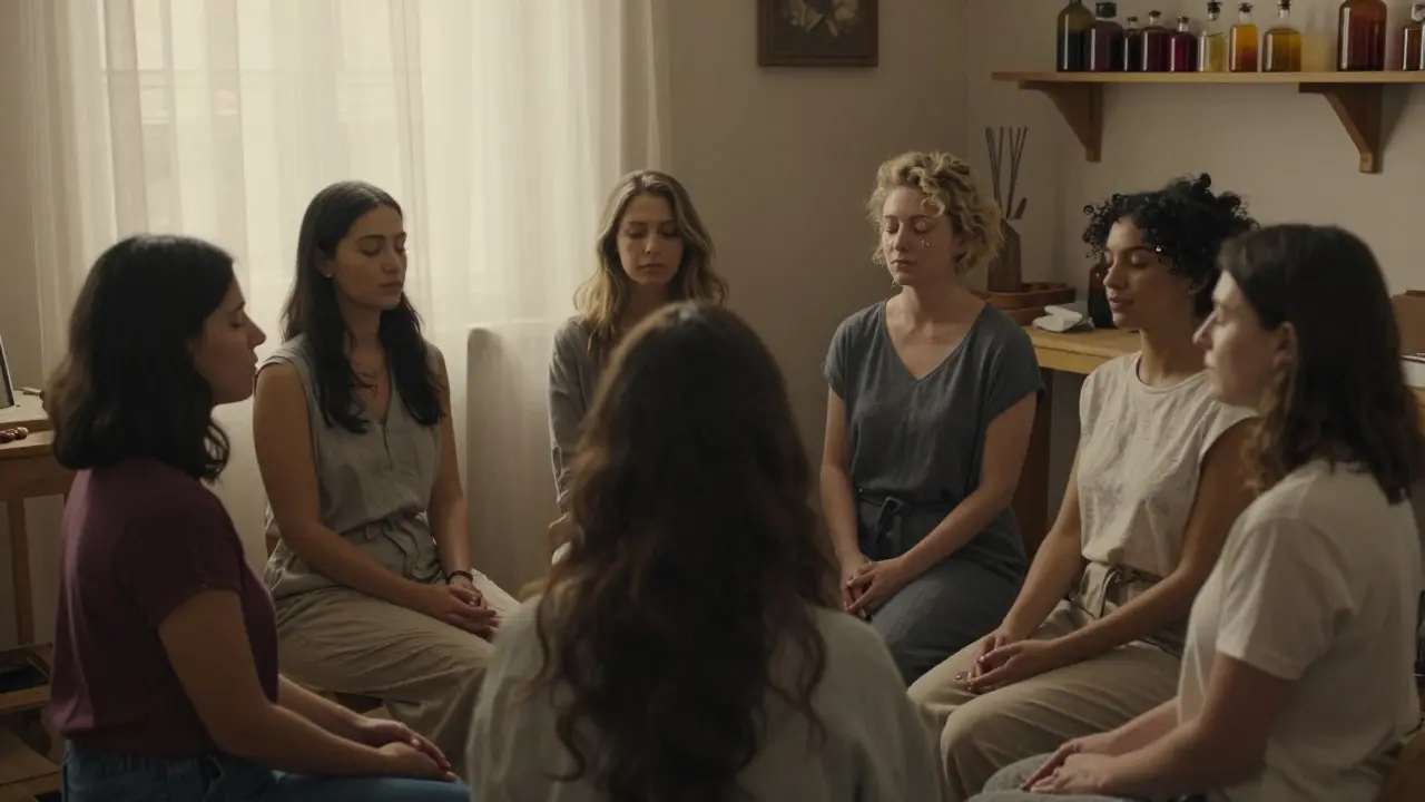 Un groupe de femmes assises en silence après un massage sensoriel, les yeux fermés, dans un atelier parisien.