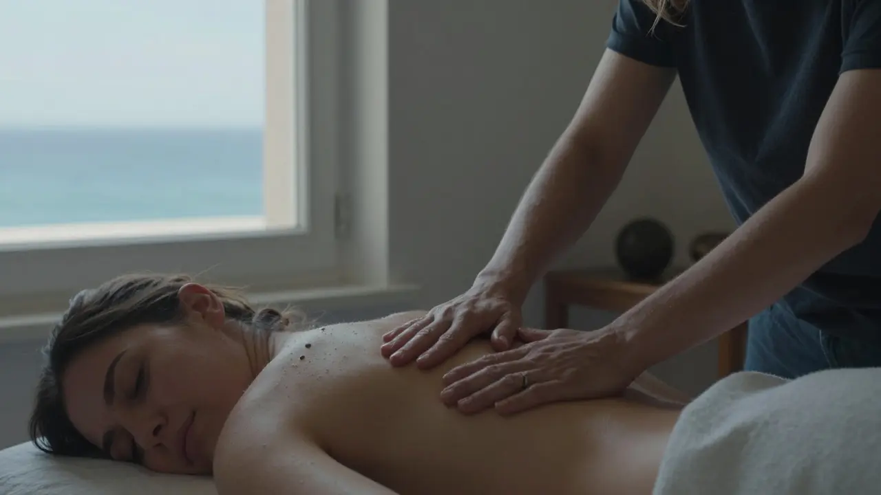 Une praticienne masse doucement le dos d'une cliente avec de l'huile chaude, près d'une fenêtre surplombant la mer à Marseille.