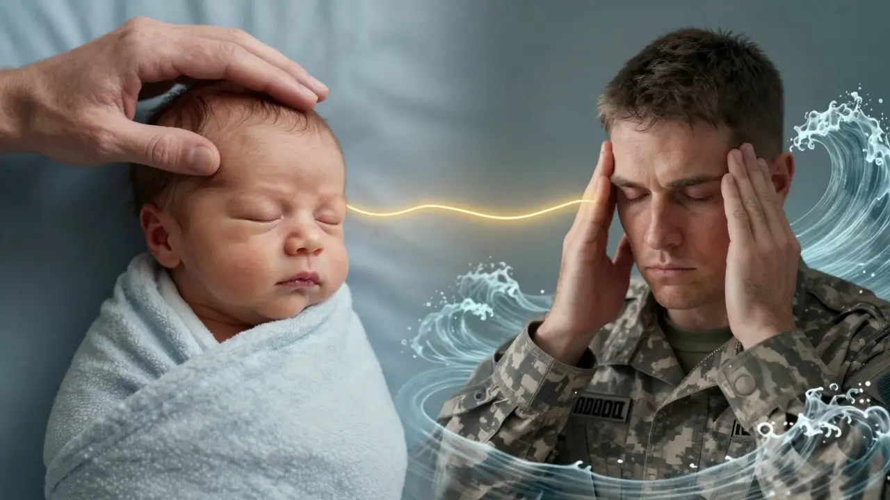 Bébé et ancien militaire côte à côte, représentant deux formes de guérison douce par la thérapie craniosacrale.