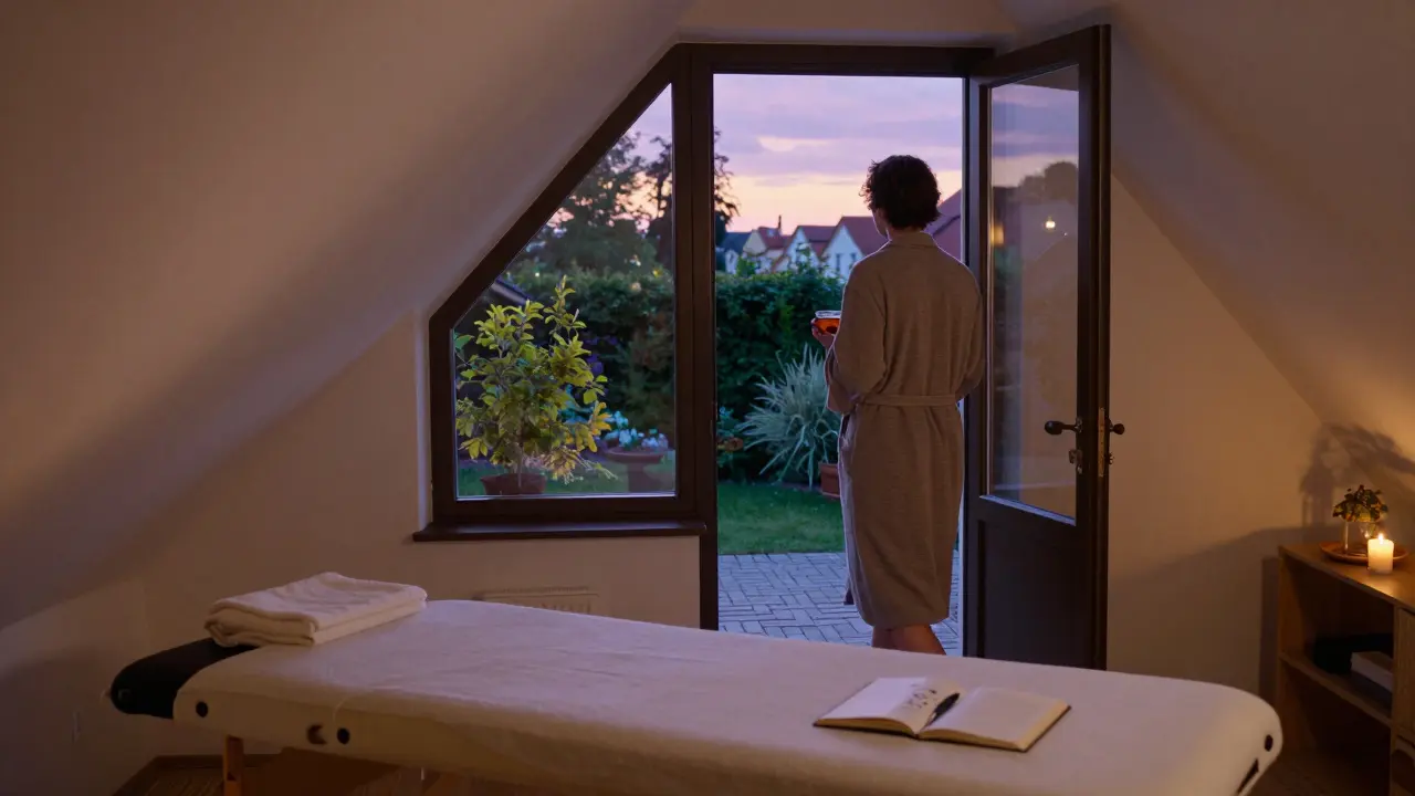 Client sortant d'une séance de massage, tenant une tasse de thé, regardant un jardin au crépuscule à Prague.