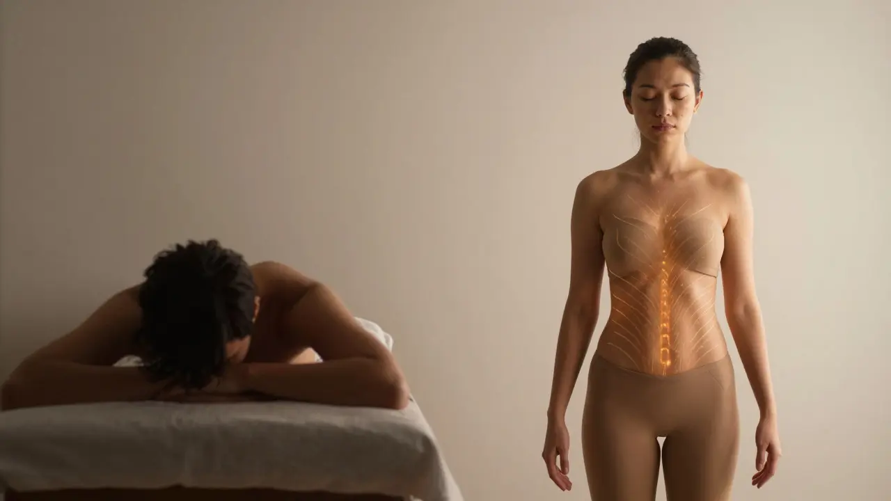 Contraste visuel entre une posture tendue au bureau et une posture libérée après un massage thaï.