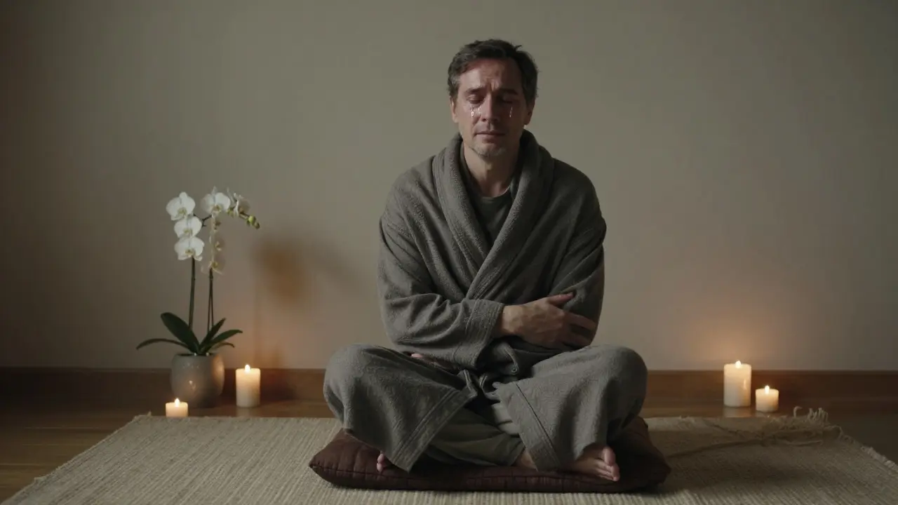 Homme après une séance de massage, les yeux fermés, les larmes aux joues, entouré de bougies et de tissus naturels.