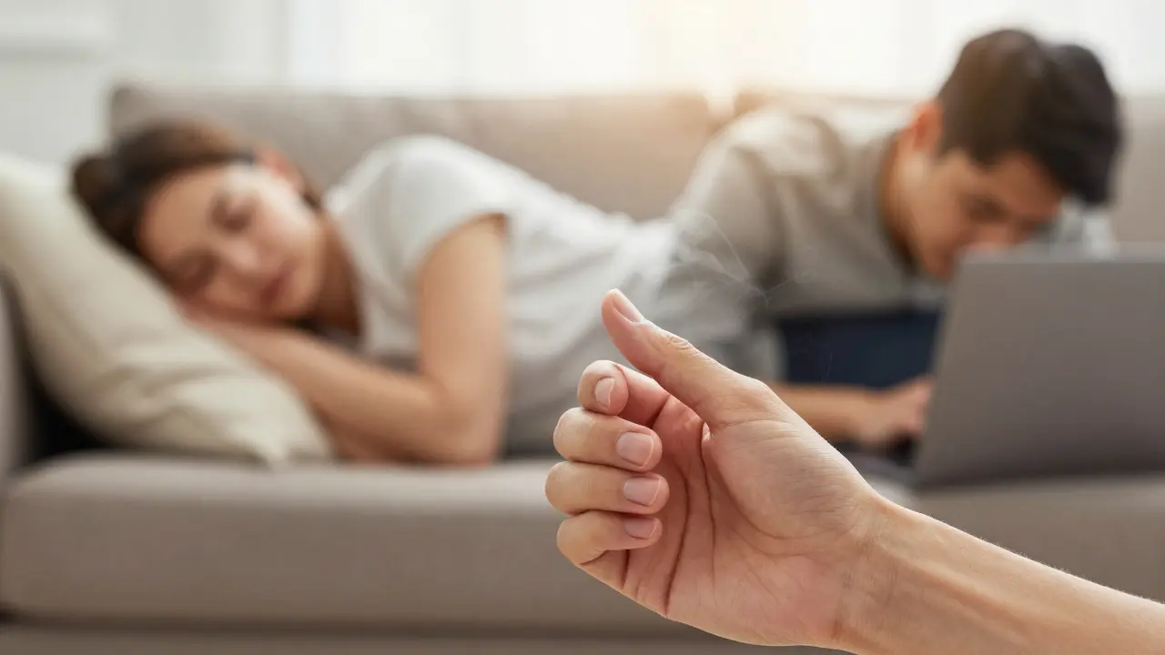 Main appliquant une pression douce à la base du cou, avec une chaleur subtile émanant de la peau.