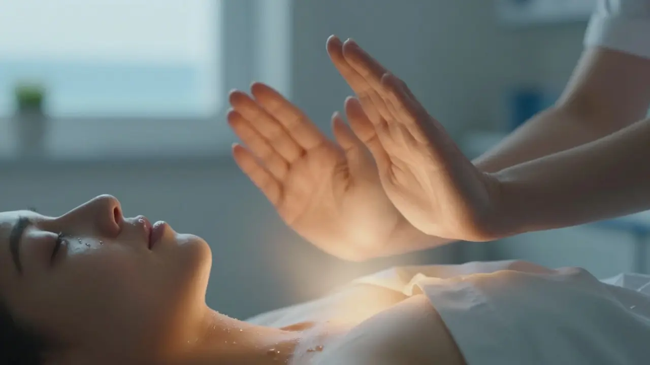 Mains d'un praticien au-dessus de la poitrine, énergie douce émise, patient en larmes, ambiance apaisante d'hôpital.