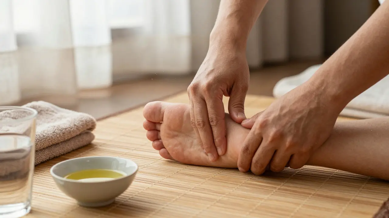Mains expertes appliquent une pression précise sur la plante d'un pied, dans une ambiance naturelle et apaisante.