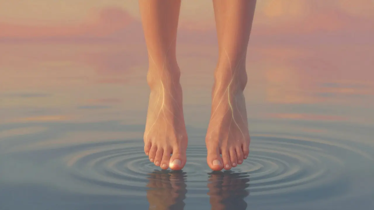 Pieds flottant au-dessus de l’eau, entourés de lignes lumineuses représentant les terminaisons nerveuses.