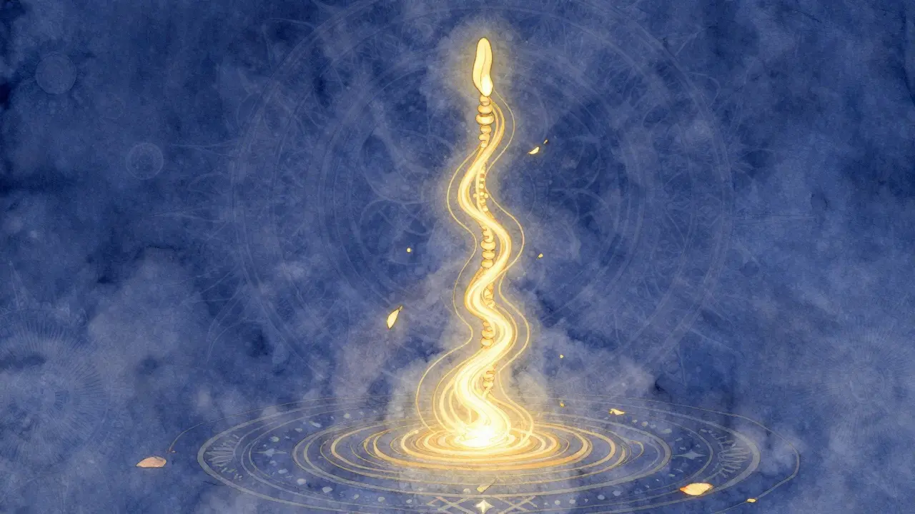 Représentation symbolique d’un flux énergétique doré s’élevant du corps, entouré de motifs spirituels et de pétales flottants.